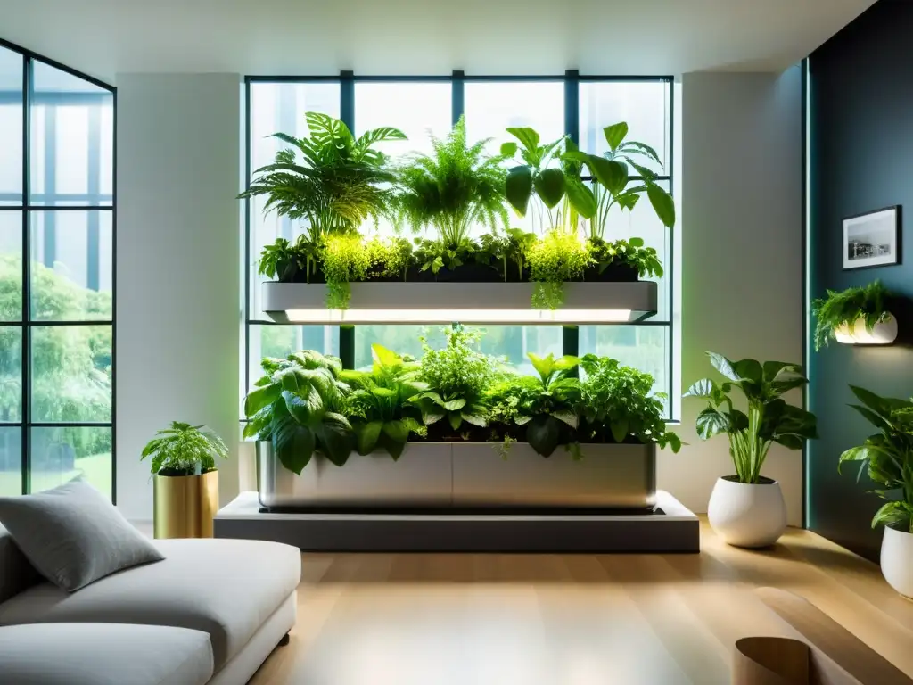 Hermoso salón moderno con exuberantes plantas en hidroponía, creando un ambiente minimalista y natural