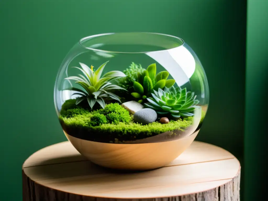 Un hermoso terrario con exuberante vegetación, musgo delicado y piedras decorativas, en un recipiente de vidrio