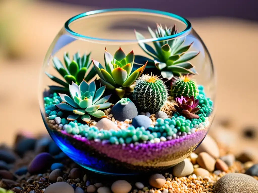 Un hermoso terrario de cactus y suculentas en miniatura, con colores vibrantes y una atmósfera serena