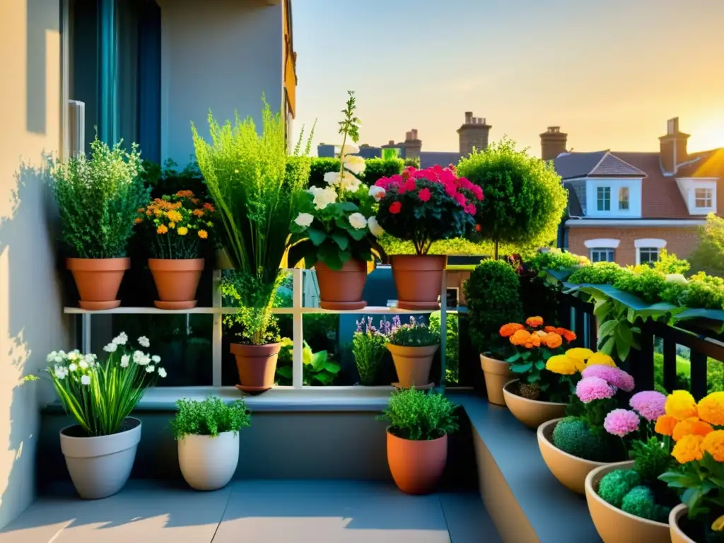 Un hermoso jardín urbano en un balcón, rebosante de plantas y flores coloridas, bañado por la cálida luz del sol