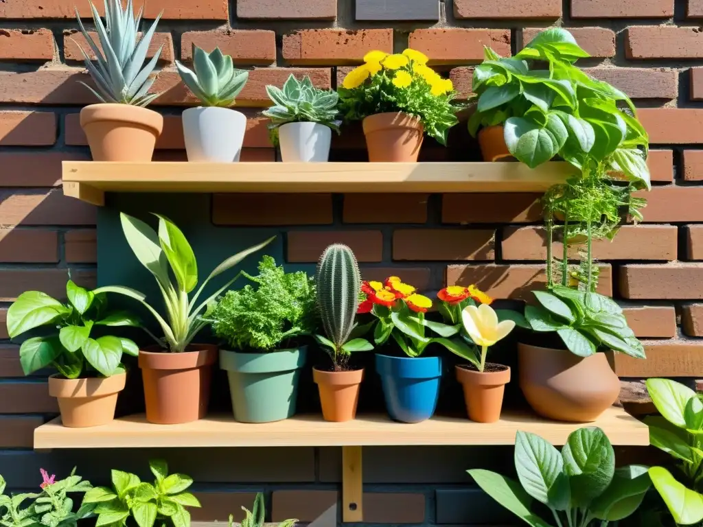 Un hermoso jardín urbano con variedad de plantas en macetas y herramientas de jardinería, iluminado por el sol