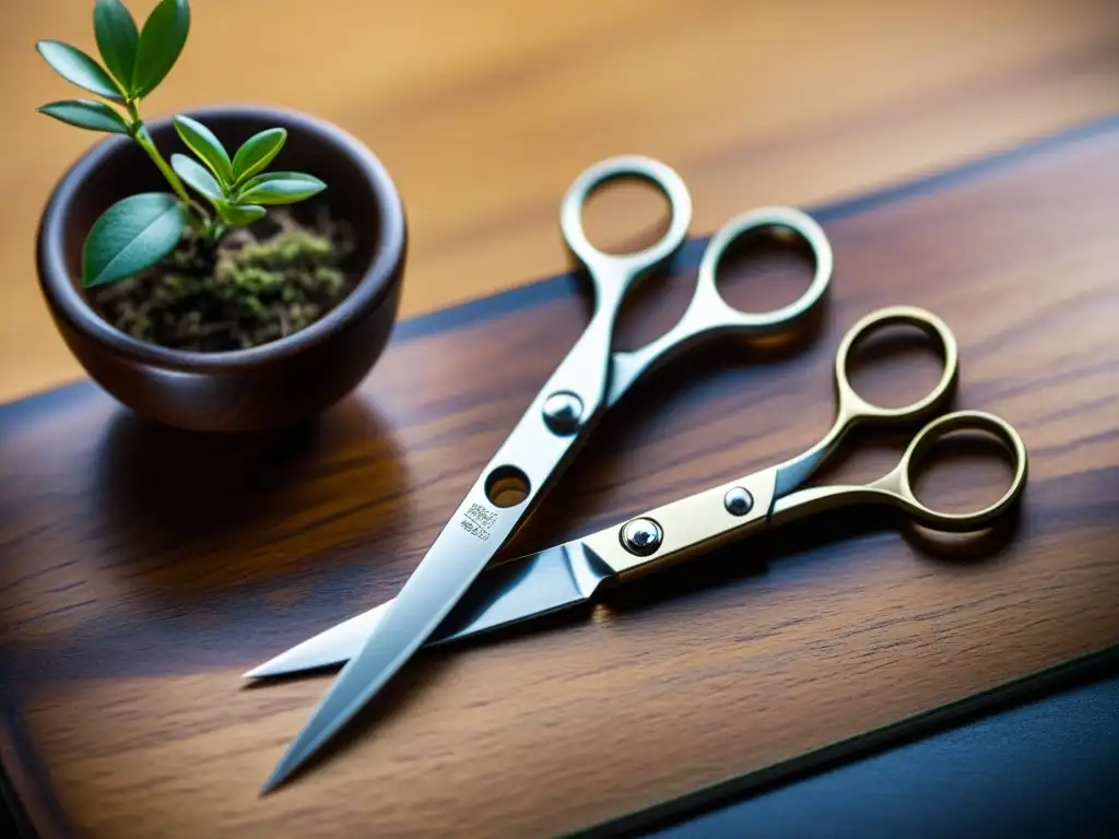 Herramientas cuidado Bonsái Asiático: Detalle de tijeras de podar Bonsái sobre superficie de madera pulida, con elegancia y precisión