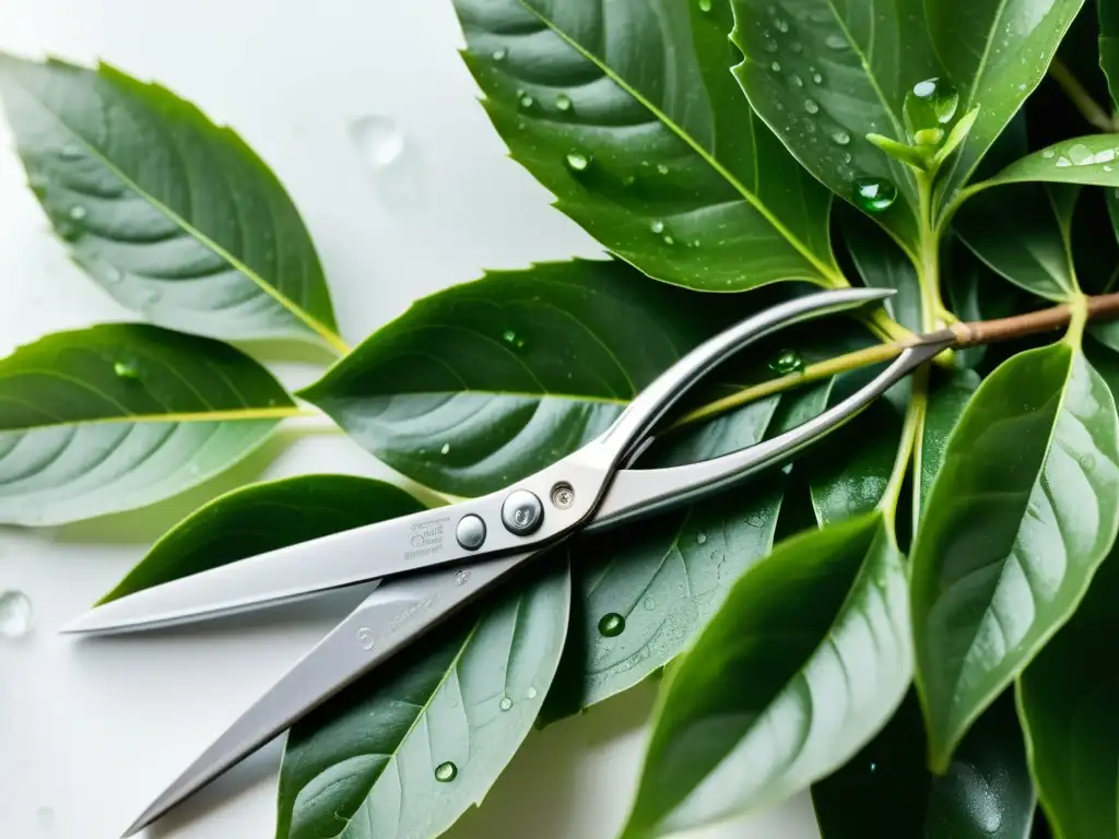 Herramientas esenciales para injerto de plantas: detallada imagen de tijeras esterilizadas con gotas de agua, brillo metálico y plantas verdes de fondo