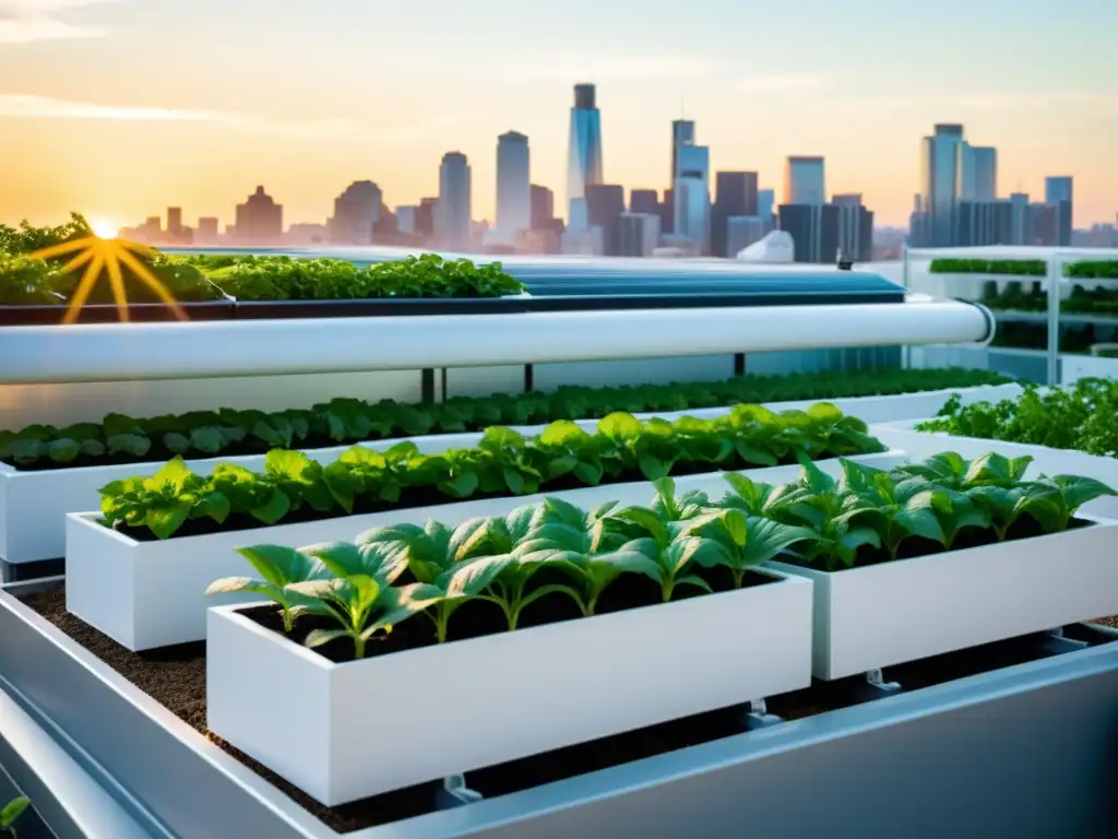 Jardín de hidroponía en agricultura urbana: plantas verdes en modernos contenedores, con skyline de la ciudad al fondo