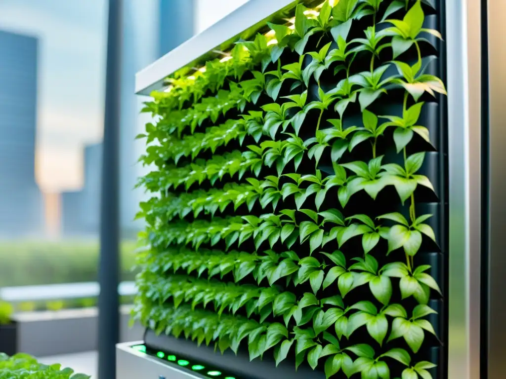 Hidroponía en agricultura urbana: jardín vertical moderno y minimalista con vegetación vibrante y agua nutriente fluyendo