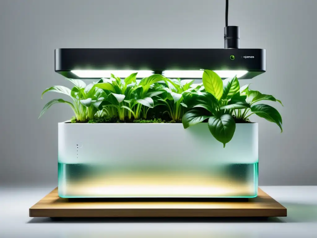 Hidroponía en casa plantas de interior: Imagen ultradetallada de un elegante sistema hidropónico con plantas exuberantes en agua nutriente