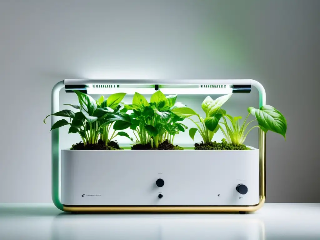 Hidroponía en casa: plantas de interior en sistema moderno y minimalista con raíces en agua clara y nutrientes, sobre fondo blanco