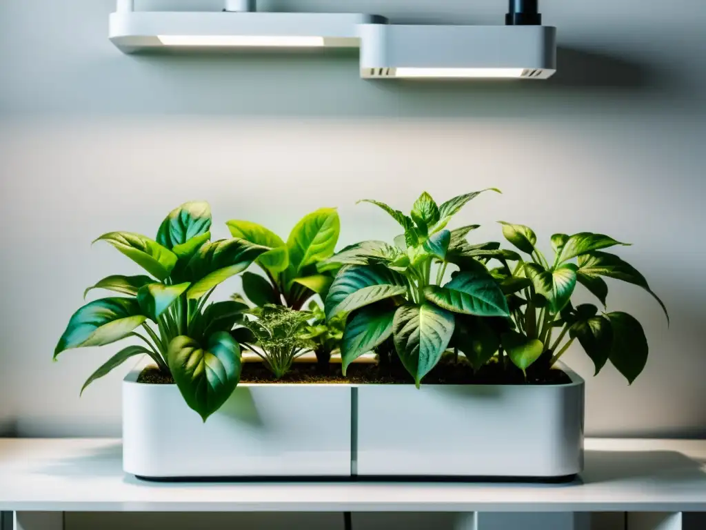 Un jardín hidropónico para plantas de interior, con diseño moderno y plantas exuberantes en un elegante entorno blanco