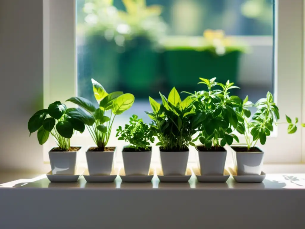 Cultiva hierbas frescas en ventana: Brillante cocina con macetas de hierbas frescas en un alféizar blanco, bañadas por la luz del sol