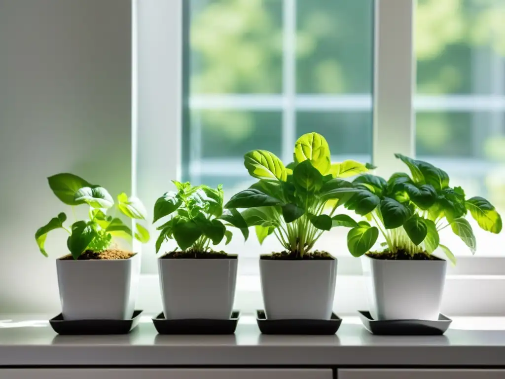 Cultiva hierbas frescas en ventana: Una cocina soleada con macetas blancas de hierbas vibrantes en un alféizar blanco, iluminadas por el sol