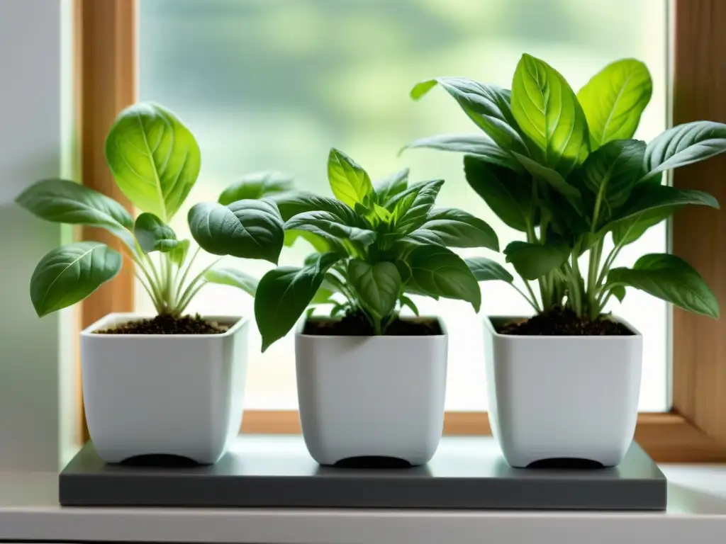 Cultiva hierbas frescas en ventana: Imagen detallada de plantas vibrantes en elegantes macetas blancas en un alféizar soleado de cocina moderna