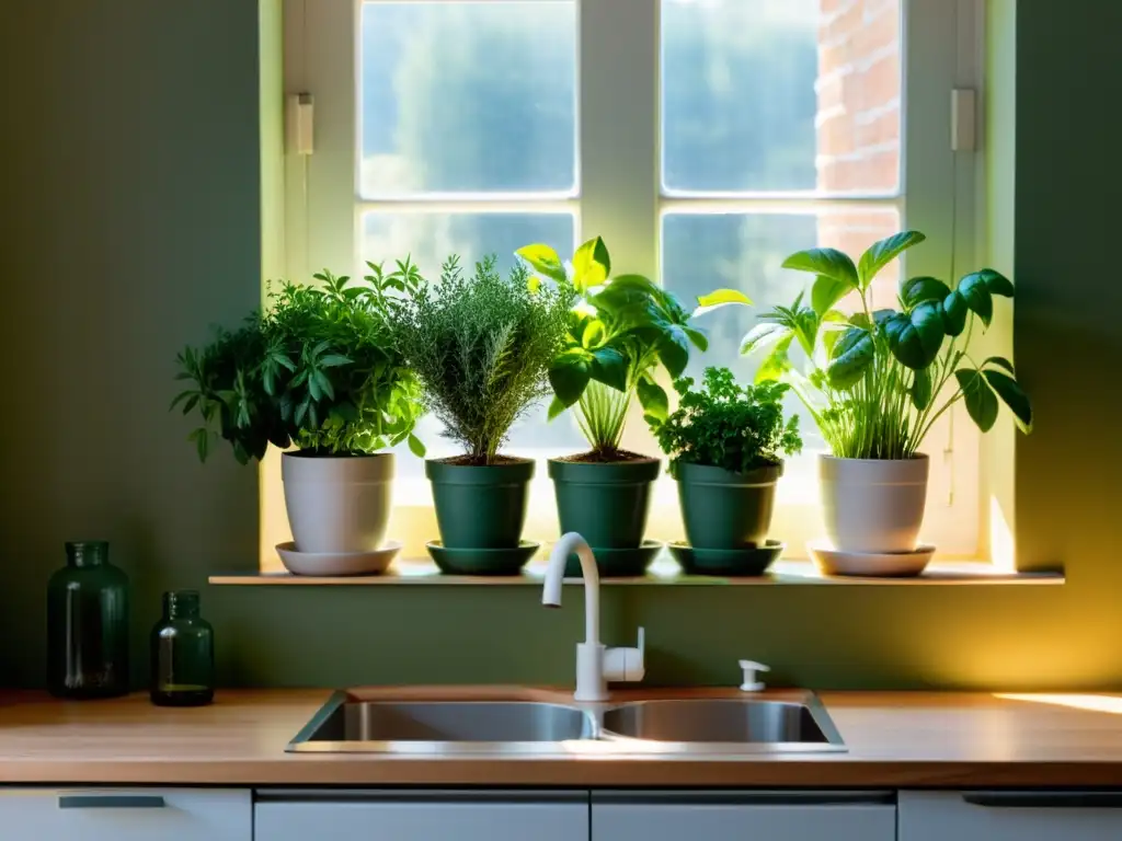 Cultiva hierbas frescas en ventana: imagen serena de hierbas en macetas iluminadas por el sol en la ventana de la cocina