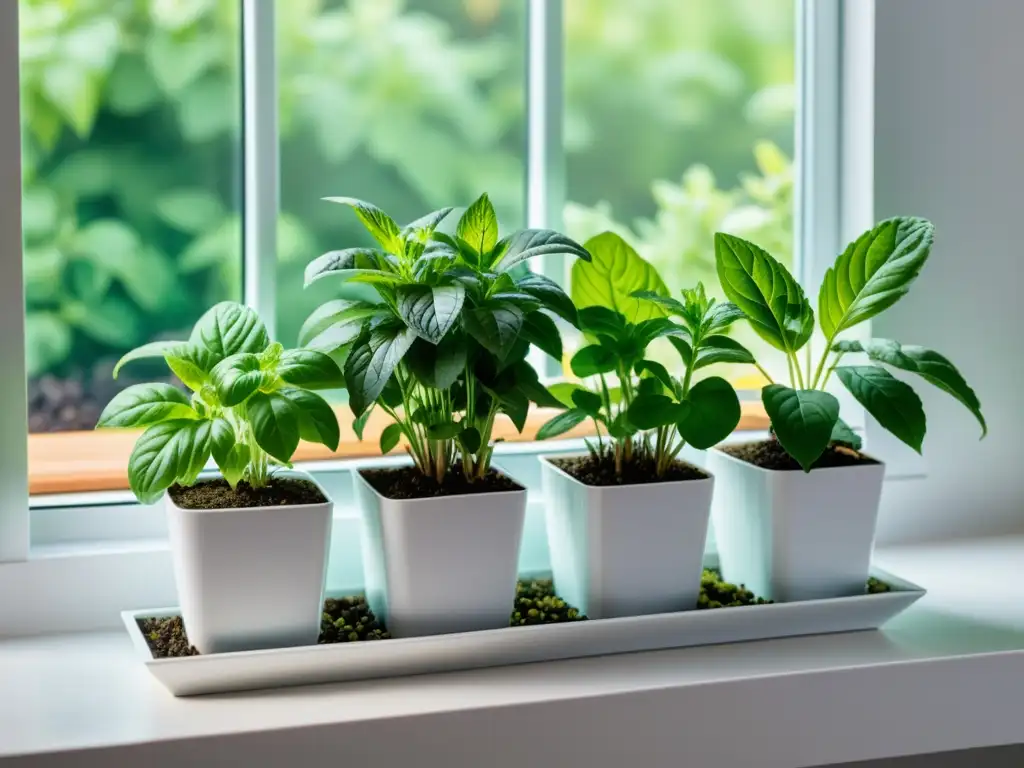 Cultivar té de hierbas en interiores: Jardín de hierbas aromáticas en macetas blancas en un alféizar soleado, creando una escena tranquila y elegante