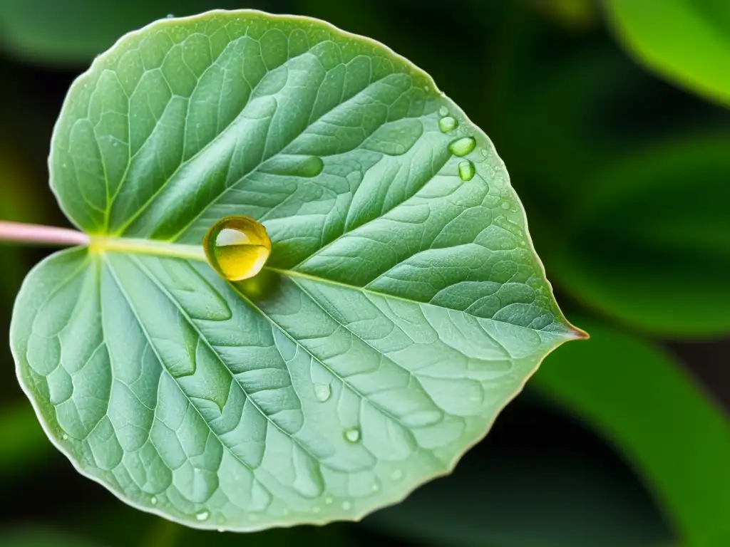 Fotografía para contar historia plantas: Detalle de un pétalo de flor con gotas de agua sobre hojas verdes