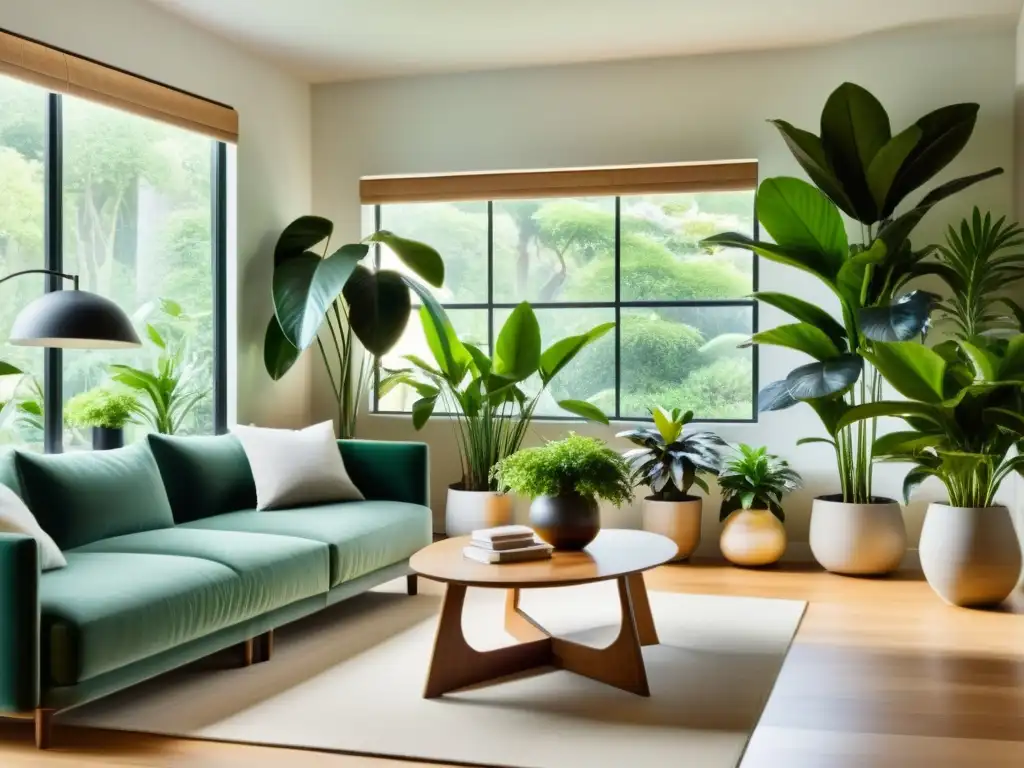 Un hogar acogedor con plantas de interior exuberantes, creando un ambiente de bienestar