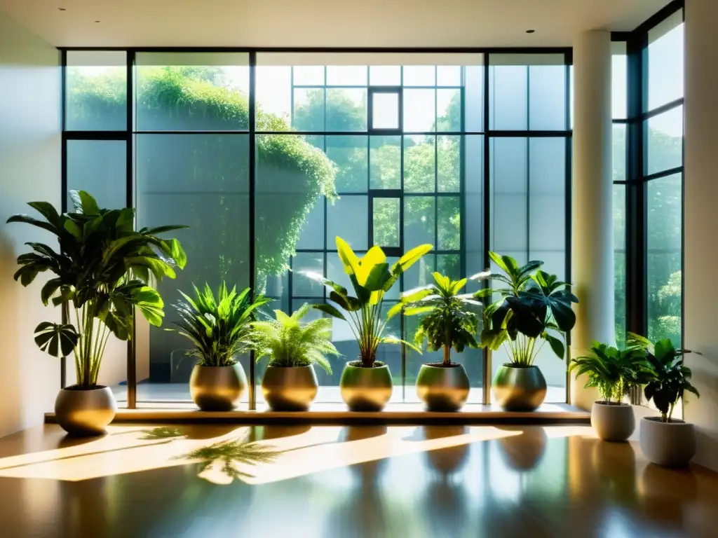 Un hogar moderno con plantas domésticas en macetas minimalistas, bañado por la luz del sol