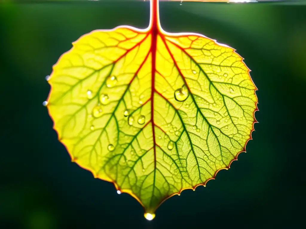 Una hoja de begonia enraizando en agua, iluminada con delicadeza