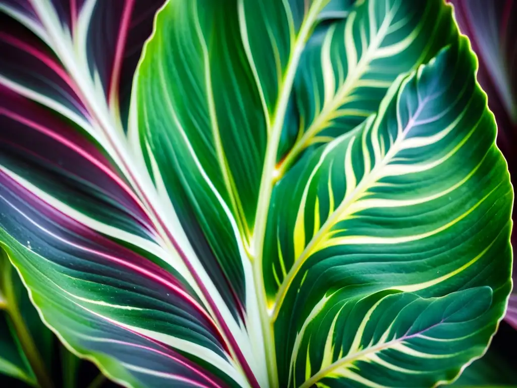 Una hoja de Calathea, con patrones vibrantes en tonos de verde, burdeos y púrpura