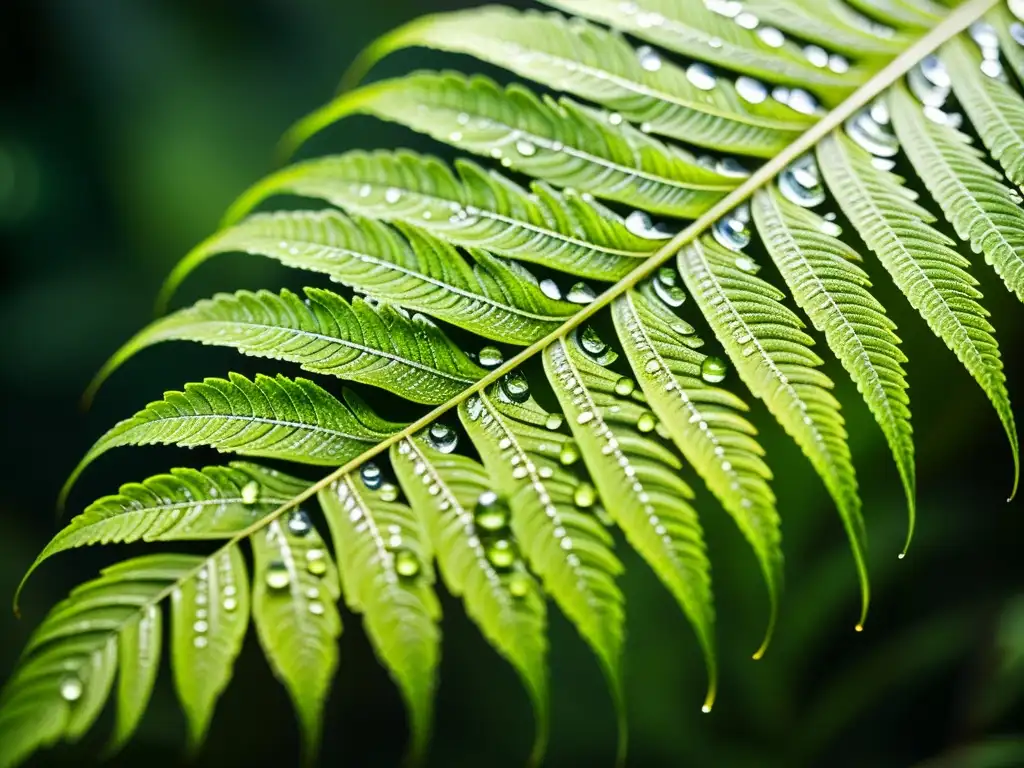 Una hoja de helecho cubierta de diminutas gotas de agua, resplandeciendo en la suave luz de una habitación soleada