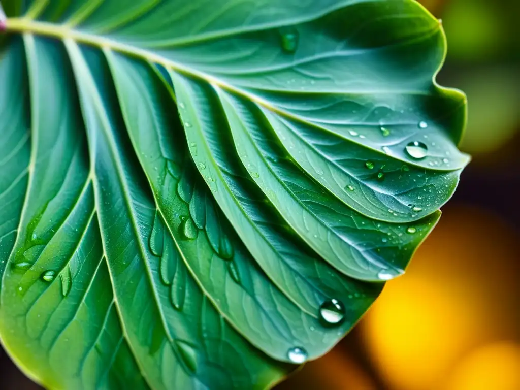 'Hoja de orquídea exótica con red de venas y gotas de agua, transmitiendo limpieza y cuidado