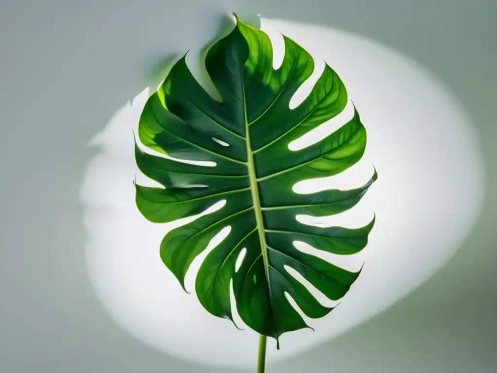 Fotografía de una hoja exuberante de monstera deliciosa en contraste con un fondo blanco, jugando con sombras y luces