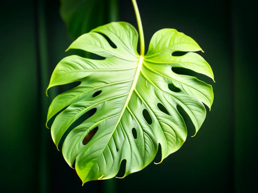 Una hoja exuberante de Monstera deliciosa capturada en detalle, iluminada suavemente, revelando sus patrones y textura