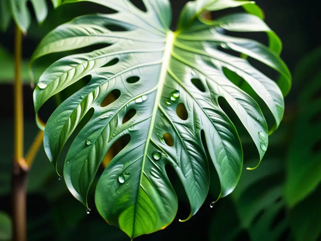 Monstera deliciosa: hoja verde en 8k con gotas de agua Una hoja exuberante de Monstera deliciosa en 8k, con gotas de agua y sombras delicadas, simbolismo plantas interior exóticas