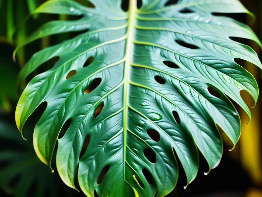 Una hoja exuberante de monstera deliciosa en detalle, bañada en luz natural