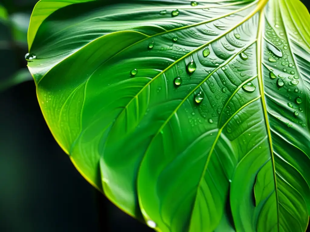 Una hoja exuberante de monstera deliciosa con gotas de agua, evocando la tranquilidad de la naturaleza