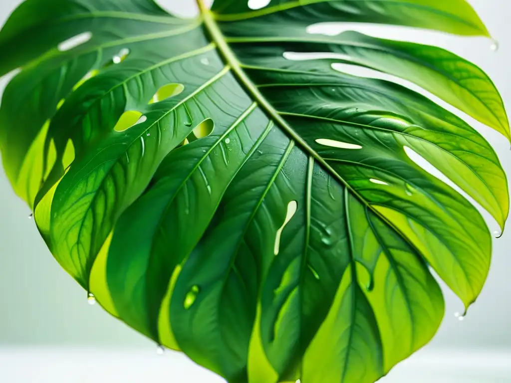 Una hoja exuberante de monstera deliciosa con detalles de venas y gotas de agua, en un fondo blanco