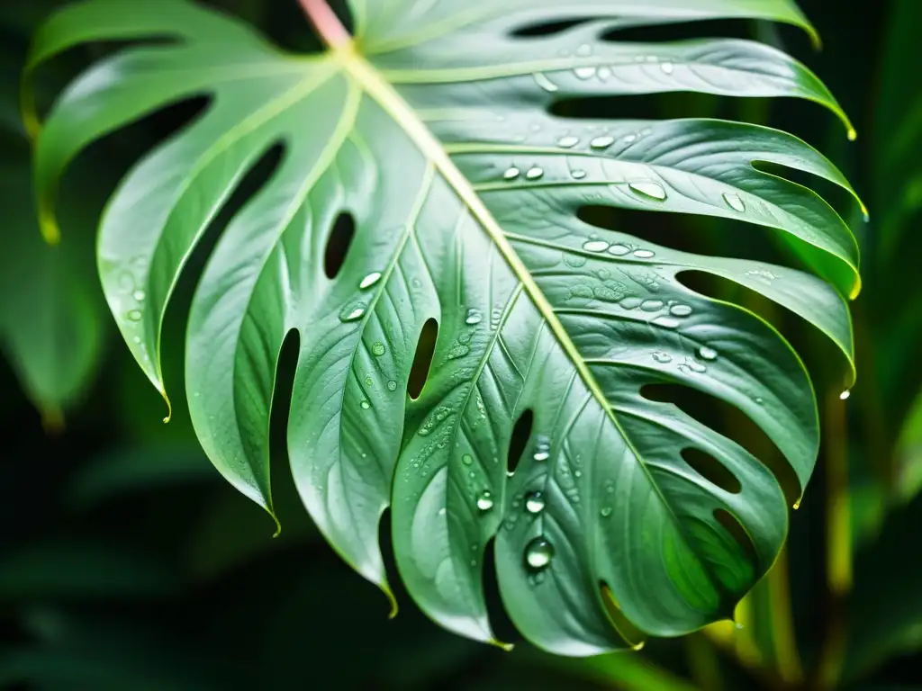 Una hoja exuberante de Monstera deliciosa con patrones de venas y gotas de agua, evocando calma