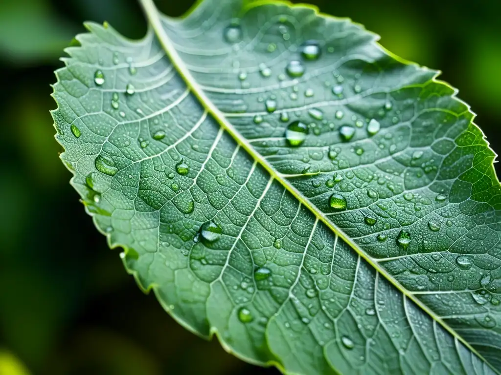 Una hoja exuberante con patrones de venas y gotas de rocío, evocando cuidados íntimos para plantas de interior