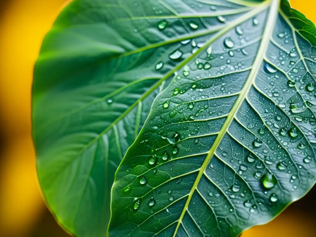 Una hoja exuberante de planta de interior con gotas de agua, iluminada, resaltando su estructura y coloración vibrante