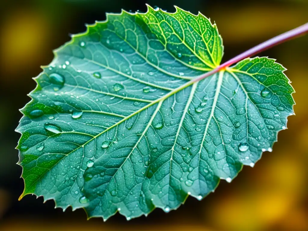 Una hoja de begonia con gotas de agua, mostrando sus detalles y textura