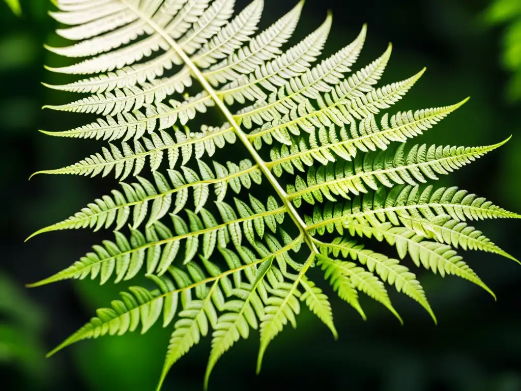 Hoja de helecho con intrincados patrones y esporas, evocando tranquilidad y belleza natural para historias de plantas de interior cuidado