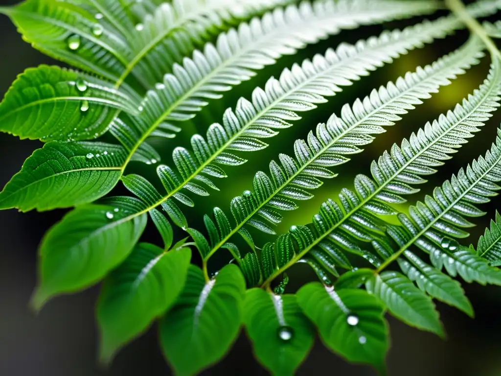 Una hoja de helecho verde exuberante, con intrincadas venas y gotas de agua, captura la belleza de la fotografía macro de plantas de interior