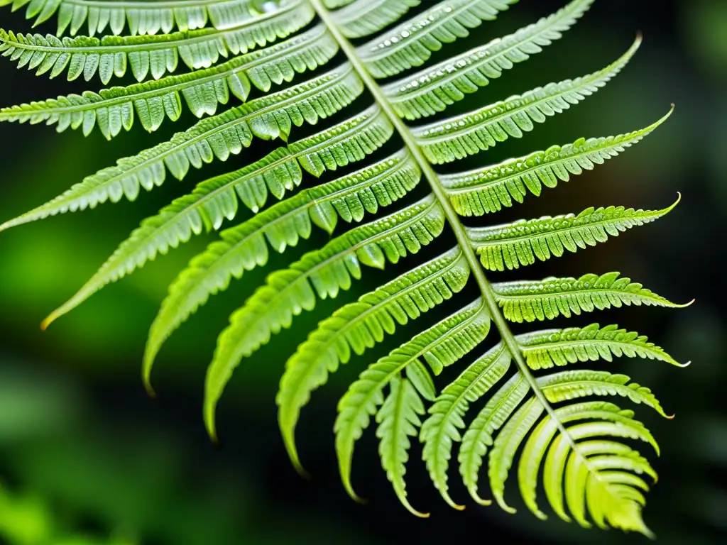 Una hoja de helecho verde exuberante, con delicadas gotas de agua en su superficie, evocando pasión por el cuidado de plantas de interior