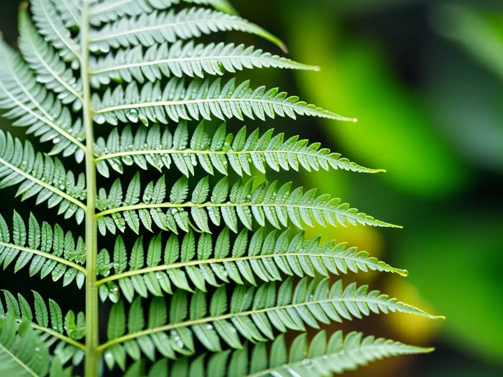 Una hoja de helecho verde exuberante con gotas de agua