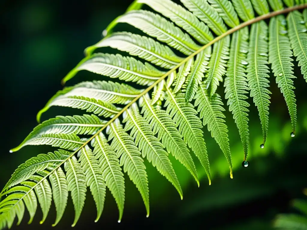 Detalles asombrosos de helecho verde: patrones y gotas de agua Una hoja de helecho verde exuberante con intrincados patrones y gotas de agua