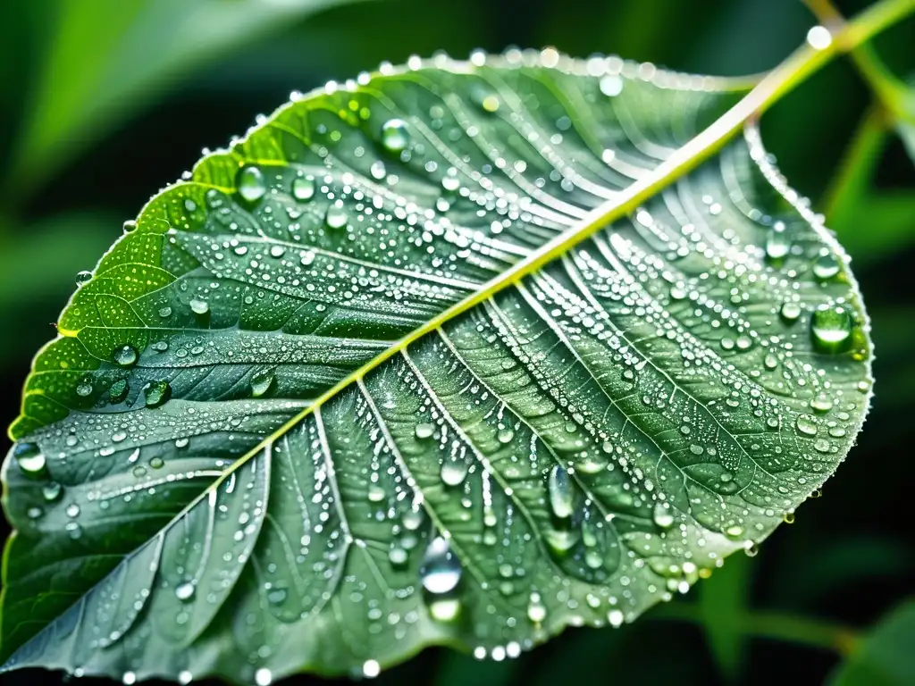 Una hoja de higo lira cubierta de rocío matutino, con la luz del sol filtrándose a través de las gotas para crear un brillo etéreo