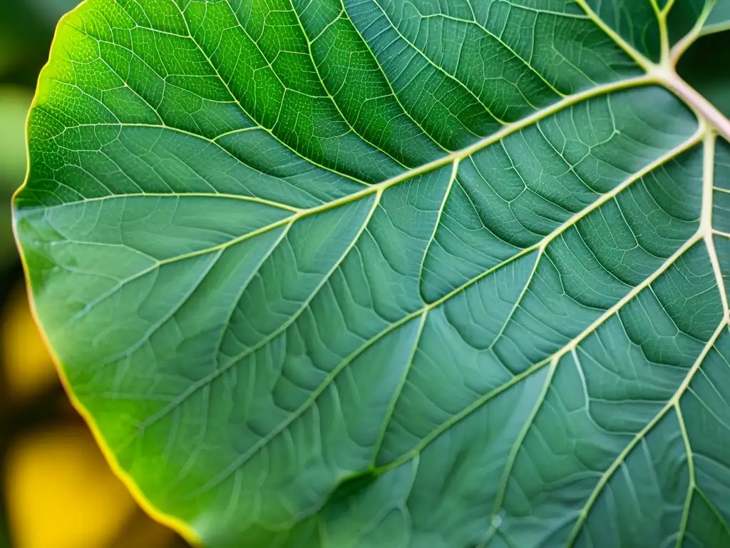 'Hoja de Ficus Lyrata iluminada en interiores, detallando sus venas y textura brillante en suave luz natural