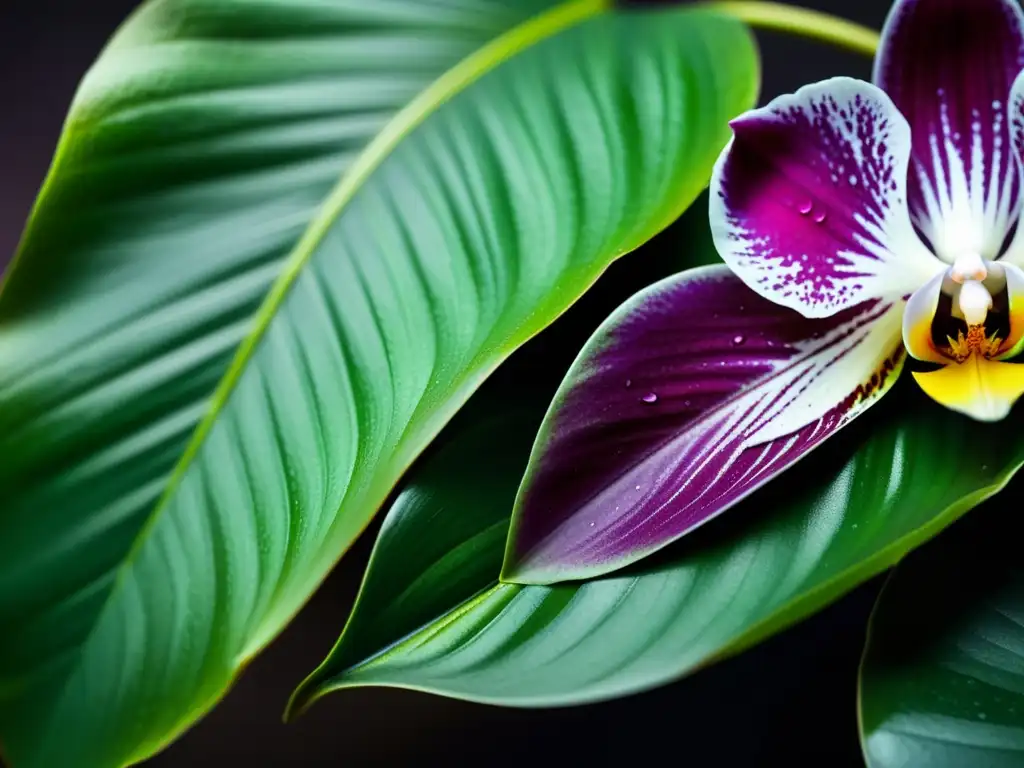 Una hoja de orquídea exótica impecable, con patrones y texturas vibrantes