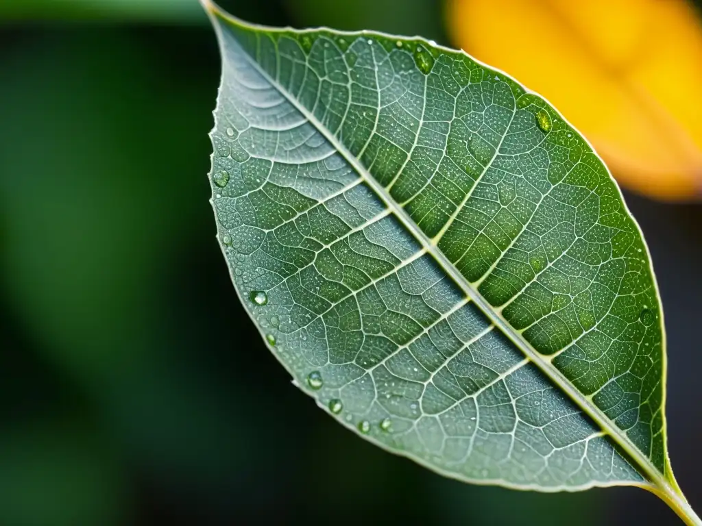 Una hoja marchita con gotas de agua, mostrando su belleza natural