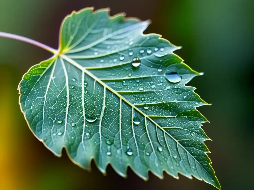 Una hoja marchita con gotas de agua, reflejando luz como diminutas lentes, evoca el estrés térmico en plantas y la necesidad de primeros auxilios