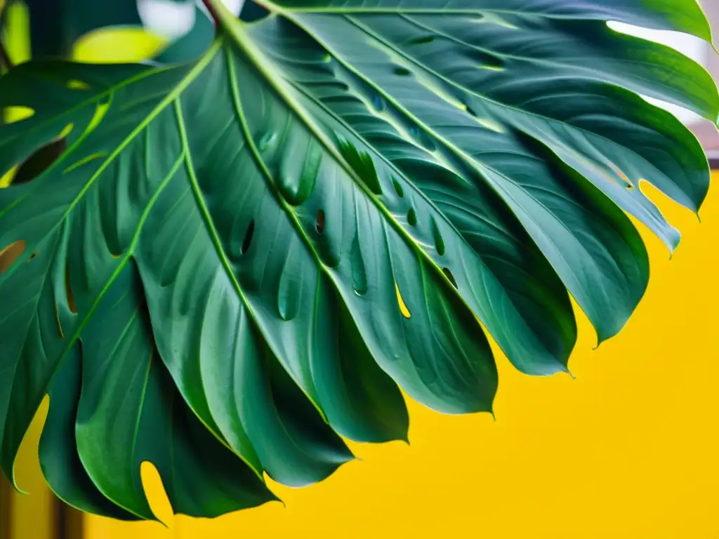 Una hoja de monstera deliciosa bañada por la luz natural