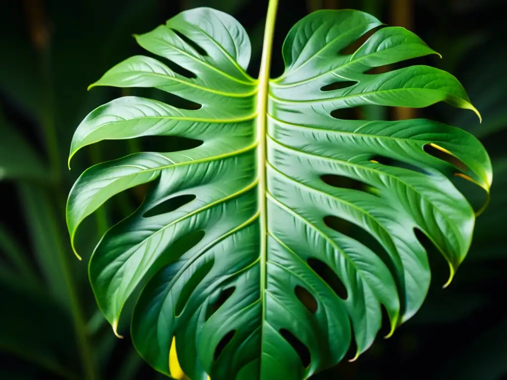 Una hoja de monstera deliciosa bañada por la luz del sol, exhibiendo un diseño intrínseco de plantas de interior en detalle asombroso