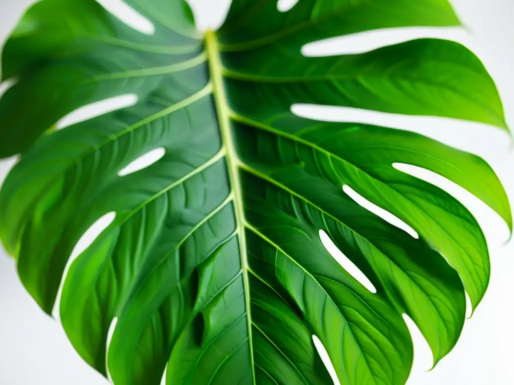 Hoja de Monstera deliciosa en primer plano, con detalles de su textura y venas