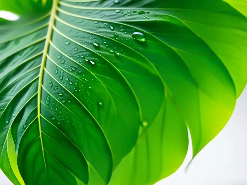 Una hoja de monstera deliciosa en primer plano, con patrones y texturas vibrantes, sobre fondo blanco