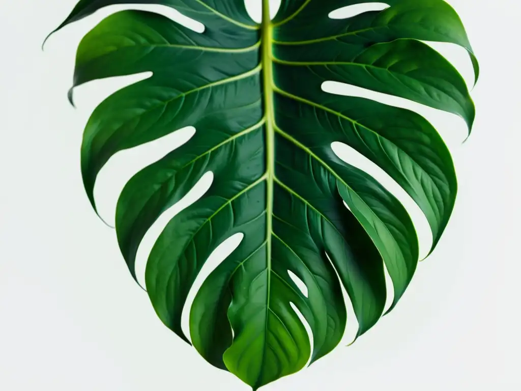 Una hoja de Monstera deliciosa en primer plano, con patrones intrincados y fenestraciones, resalta en un elegante fondo blanco