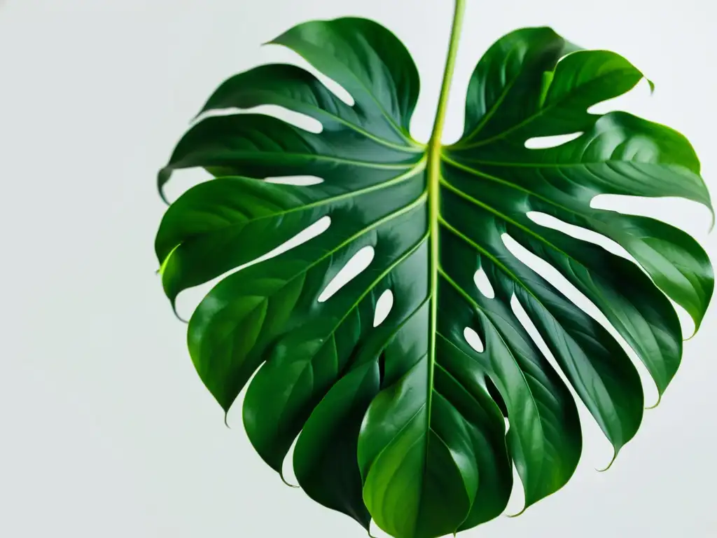 Fotografía de una hoja de monstera deliciosa verde en contraste con fondo blanco, creando una impactante composición de luces y sombras